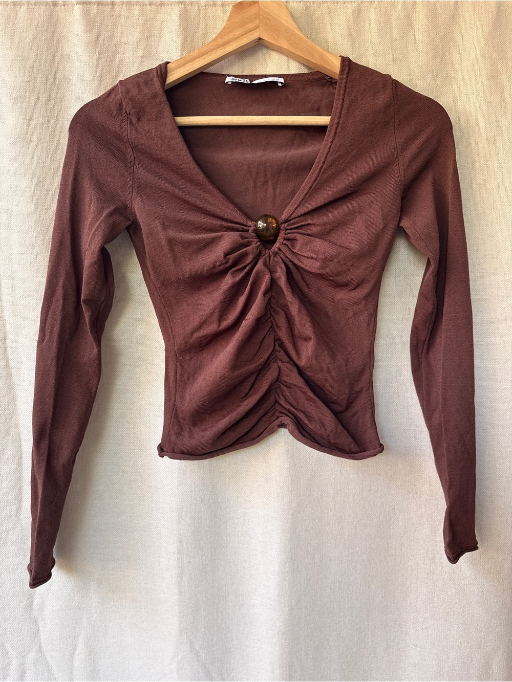 Zara Chocolate Brown Ruched Long-Sleeve Top with Center Button